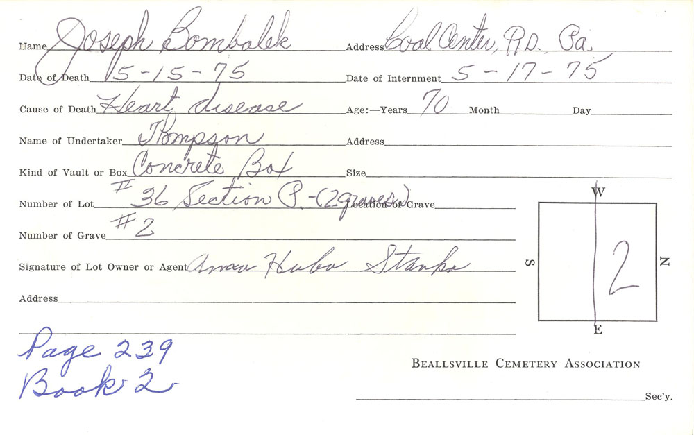 Joseph Bombalek burial card